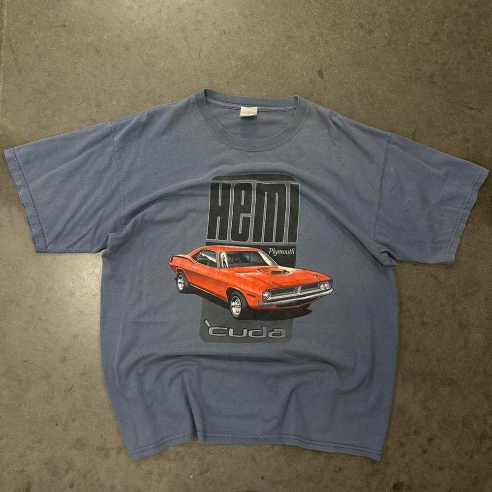 Plymouth Hemi Cuda graphic blue car t-shirt Size XL